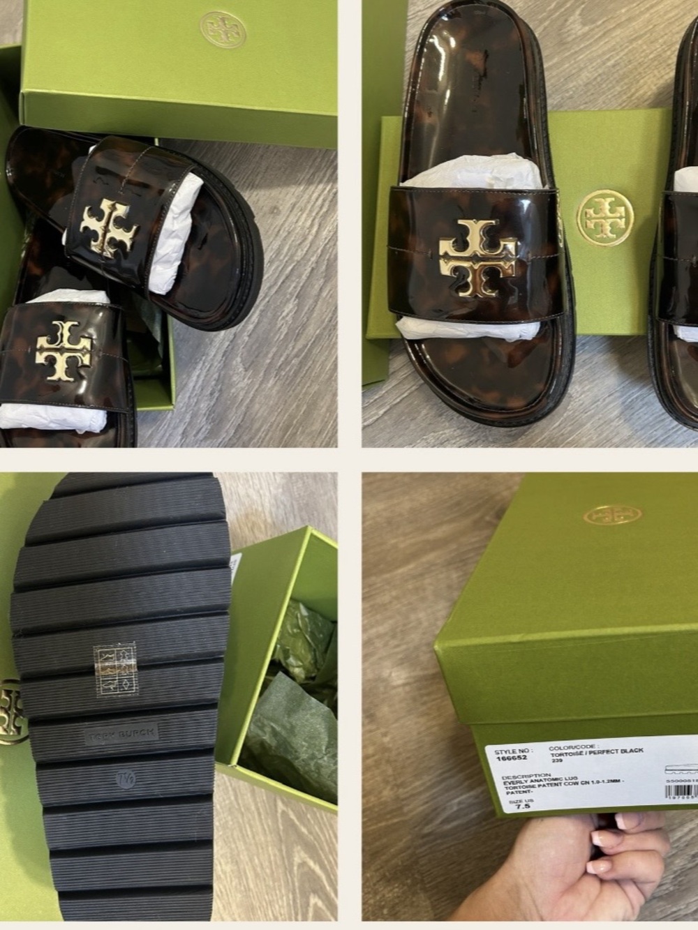 NIB Tory Burch Everly Anatomic Lug Tortoise Patent Slides Size 7.5